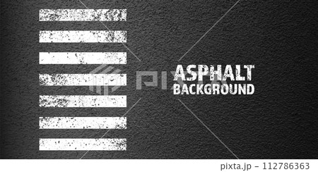 Asphalt road with white cracked lane marking, concrete highway surface, texture. Street traffic line, road dividing strip. Pattern with grainy structure, grunge stone background. Vector illustration Asphalt road with white cracked lane marking, concrete highway surface, texture. Street traffic line, road dividing strip. Pattern with grainy structure, grunge stone background. Vector illustration 112786363