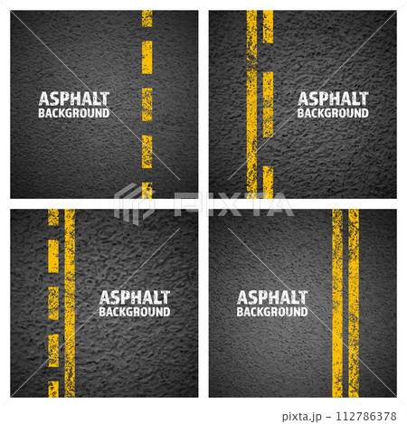 Asphalt road with yellow cracked lane marking, concrete highway surface, texture. Street traffic line, road dividing strip. Pattern with grainy structure, grunge stone background. Vector illustration 112786378