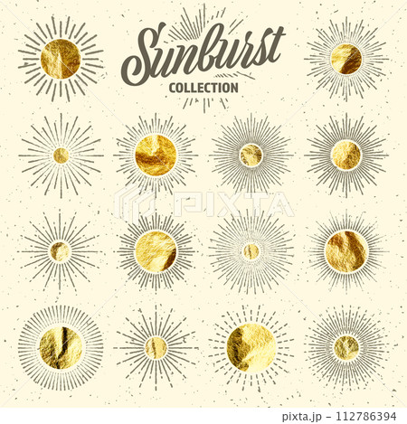 Vintage grunge sunburst sunset beams. Gold foil, shiny handmade circles. Golden glittering texture, pattern. Hand drawn bursting sun, light rays. Logotype, lettering, retro style. Vector illustration 112786394