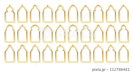 Islamic frames, oriental style. Golden arabic shapes, windows and arches. Traditional ornamental banner, frame. Muslim holidays, Ramadan Kareem. Modern eastern architecture. Vector illustration 112786481