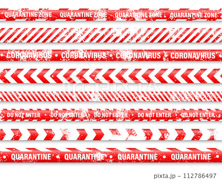 Old grunge quarantine zone warning tape. Novel coronavirus outbreak. Global lockdown. Red coronavirus danger stripe. Police caution line, restricted area. Construction tape. Vector illustration Old grunge quarantine zone warning tape. Novel coronavirus outbreak. Global lockdown. Red coronavirus danger stripe. Police caution line, restricted area. Construction tape. Vector illustration 112786497