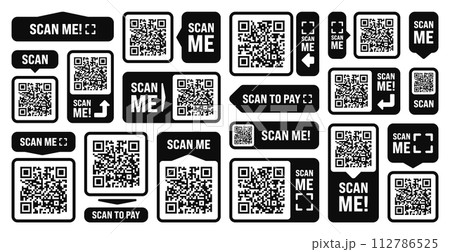 Scan me QR code sticker. Online payment. Special offer sale stickers, shopping discount label or promotional badge. Serial number, product ID. Supermarket retail label, price tag. Vector illustration 112786525