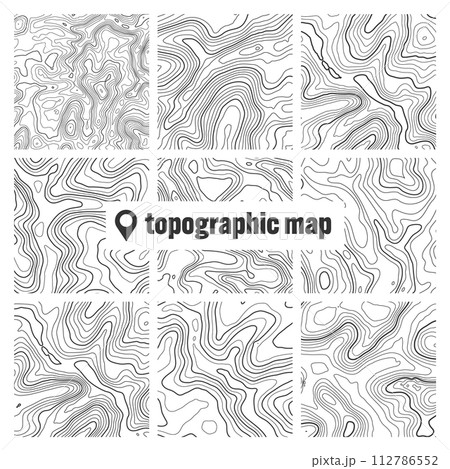 Topographic map with contour lines. Geographic terrain grid, relief height elevation. Ground path pattern. Travel and navigation, cartography design element. Vector illustration Topographic map with contour lines. Geographic terrain grid, relief height elevation. Ground path pattern. Travel and navigation, cartography design element. Vector illustration 112786552