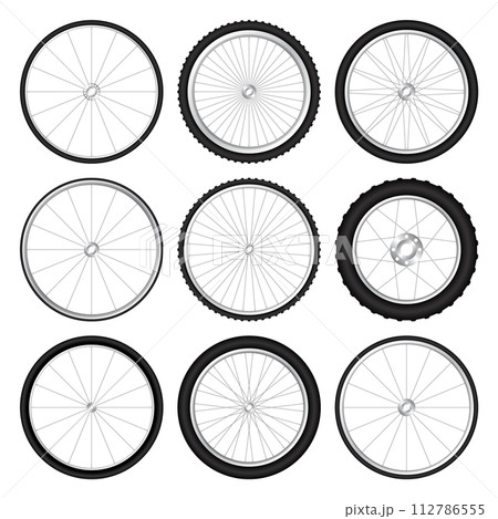 Realistic 3d bicycle wheels. Bike rubber tyres, shiny metal spokes and rims. Fitness cycle, touring, sport, road and mountain bike. Vector illustration Realistic 3d bicycle wheels. Bike rubber tyres, shiny metal spokes and rims. Fitness cycle, touring, sport, road and mountain bike. Vector illustration 112786555