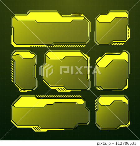 Yellow futuristic HUD, UI elements. Sci-fi user interface text boxes, callouts. Warning message frames, information boxes template. Modern game interface layout in digital style. Vector illustration 112786633