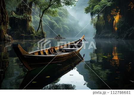 Abandoned Canoe on a Mystical Foggy River. Generative AI Abandoned Canoe on a Mystical Foggy River. Generative AI 112786681