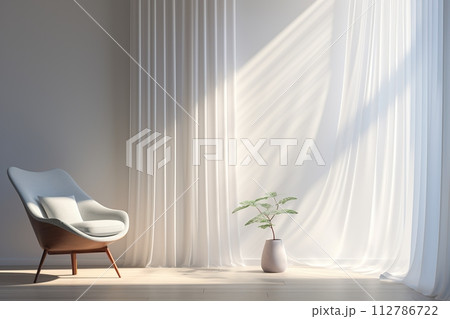 Serene Interior with Natural Light and Modern Chair. Generative AI Serene Interior with Natural Light and Modern Chair. Generative AI 112786722