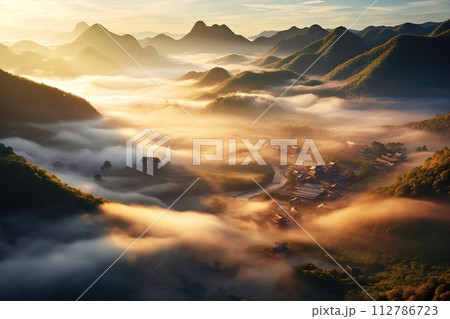 Majestic Sunrise Over Misty Mountain Village. Generative AI Majestic Sunrise Over Misty Mountain Village. Generative AI 112786723