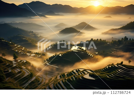 Sunrise Over Misty Terraced Rice Fields. Generative AI Sunrise Over Misty Terraced Rice Fields. Generative AI 112786724