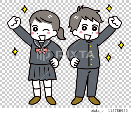 Smiling junior high school students doing a guts pose (whole body) Smiling junior high school students doing a guts pose (whole body) 112786936