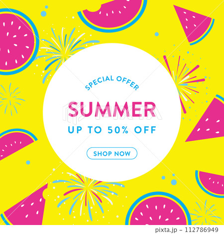 花火とスイカの夏のセールバナー。ベクターイラスト背景。 花火とスイカの夏のセールバナー。ベクターイラスト背景。 112786949