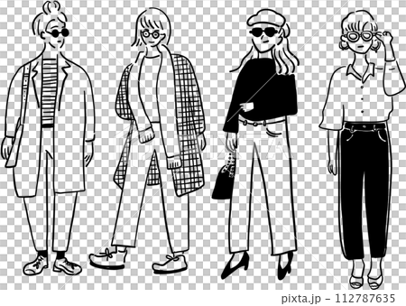 おしゃれなファッションの女性全身手描きイラストセット 112787635
