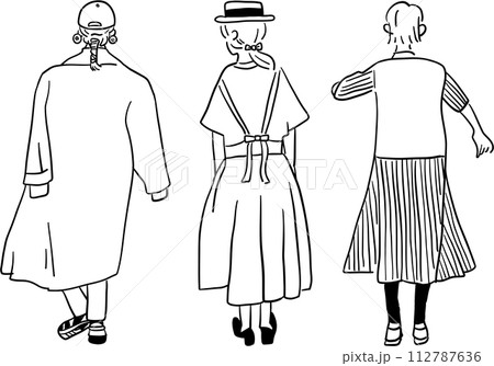 女性の後ろ姿のシンプル線画イラスト 112787636