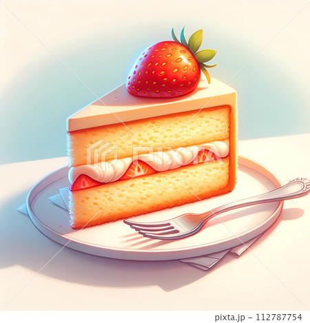 美味しそうないちごのショートケーキのイラスト。皿にカットされたショートケーキとフォークが置かれている 112787754