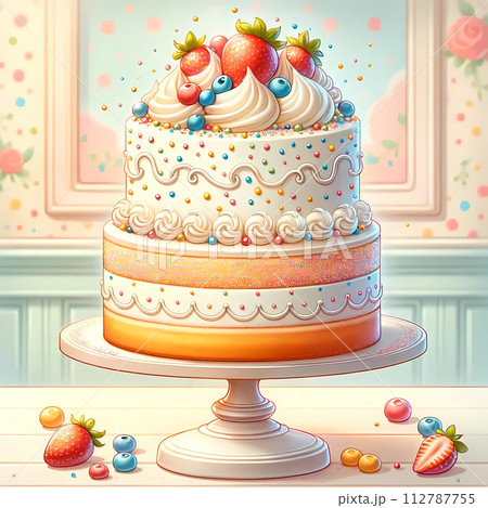 豪華なホールケーキのイラスト。お祝いの日に特別に用意する大きなケーキ。 112787755