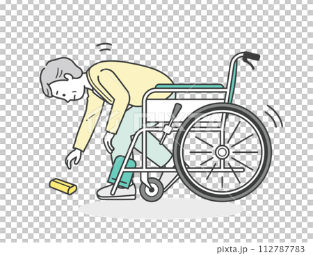 一位老婦坐在輪椅上撿東西時差點跌倒 112787783