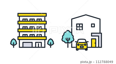 マンションと戸建てのシンプルなベクターアイコンイラストセット素材 112788049
