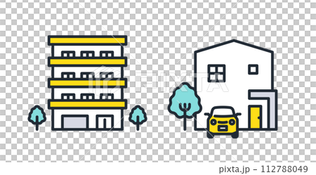 マンションと戸建てのシンプルなベクターアイコンイラストセット素材 112788049