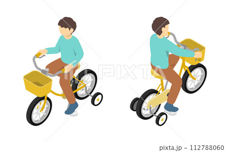 アイソメトリックイラスト:補助輪付き自転車に乗る子ども アイソメトリックイラスト:補助輪付き自転車に乗る子ども 112788060