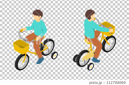 等距插圖：騎自行車與訓練輪的孩子 112788060