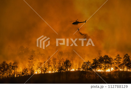 Fire fighting helicopter carry water bucket to extinguish the forest fire. 112788129