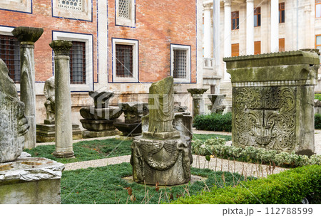 Antique sculptures fragments and statues in courtyard of Istanbul Archeology Museum Antique sculptures fragments and statues in courtyard of Istanbul Archeology Museum 112788599