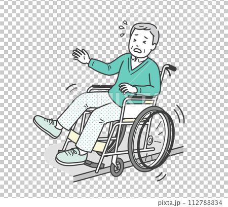 An elderly man sitting in a wheelchair who is about to fall on a step An elderly man sitting in a wheelchair who is about to fall on a step 112788834