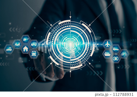 Businessman Hand and Finger Touch Blue HUD Logistics Icon in Vintage Tone 112788931