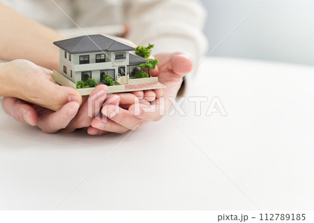 家の模型を乗せる男女の手	 112789185
