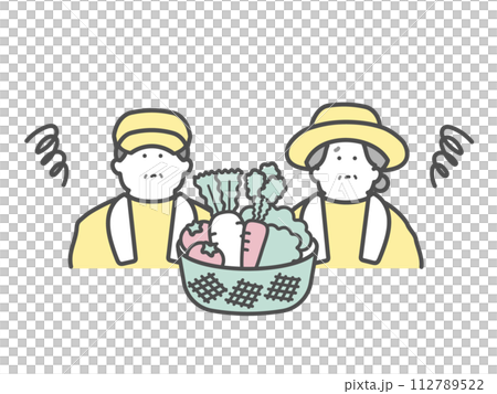 Anxious elderly couple working at a farm harvesting vegetables 112789522