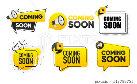 Coming Soon. Megaphone label collection with text. Marketing and promotion. Vector Illustration. 112789753