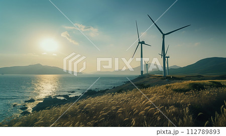 Green Power Generation: Wind Farm Landscape on a sunny day. Green Power Generation: Wind Farm Landscape on a sunny day. 112789893