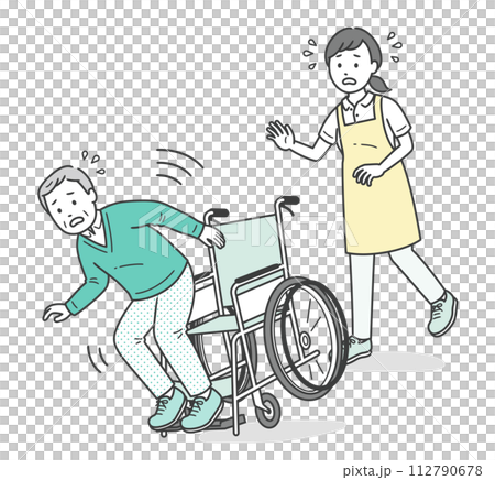 An elderly man and his caregiver who are about to fall in a wheelchair An elderly man and his caregiver who are about to fall in a wheelchair 112790678