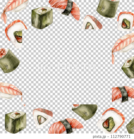 Watercolor asian sea food frame with sushi, sashimi and rolls. Hand drawn japanese traditional sea food with shrimp, salmon and caviar for menu, restaurant, cafe, packing design. Watercolor asian sea food frame with sushi, sashimi and rolls. Hand drawn japanese traditional sea food with shrimp, salmon and caviar for menu, restaurant, cafe, packing design. 112790771