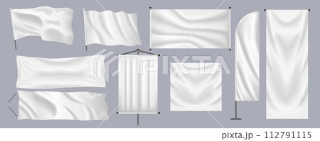 Realistic textile banners mega set in flat graphic design. Bundle elements of different shapes of empty white flags, hanging posters, promotion sheets with poles. Vector illustration isolated objects Realistic textile banners mega set in flat graphic design. Bundle elements of different shapes of empty white flags, hanging posters, promotion sheets with poles. Vector illustration isolated objects 112791115