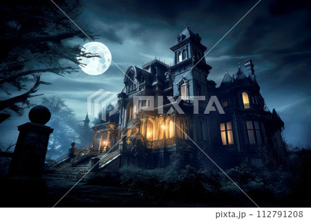 Creepy old mansion in the moonlight. 112791208