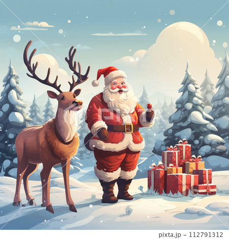 Santa Claus with reindeer and gifts in winter forest. Christmas illustration. Generative AI 112791312