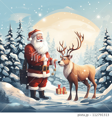 Santa Claus with reindeer and dog in winter forest. Christmas illustration. Generative AI Santa Claus with reindeer and dog in winter forest. Christmas illustration. Generative AI 112791313
