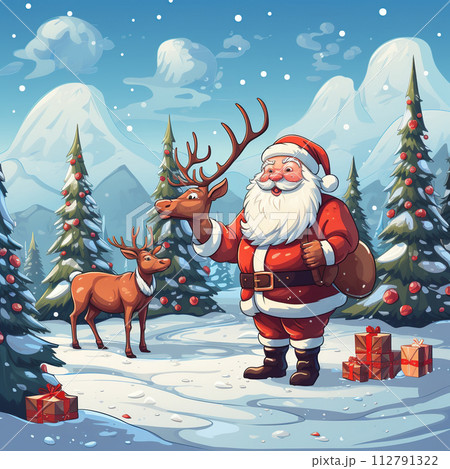 Santa Claus with reindeer and gifts in the snowy forest illustration. Generative AI Santa Claus with reindeer and gifts in the snowy forest illustration. Generative AI 112791322