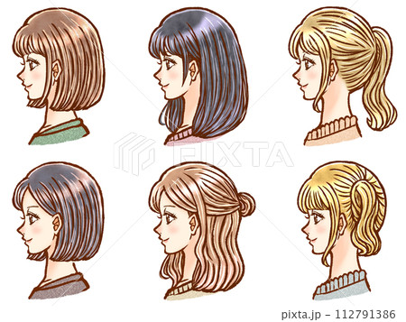色々なヘアスタイルの大人女性の横顔イラスト素材セット2 色々なヘアスタイルの大人女性の横顔イラスト素材セット2 112791386