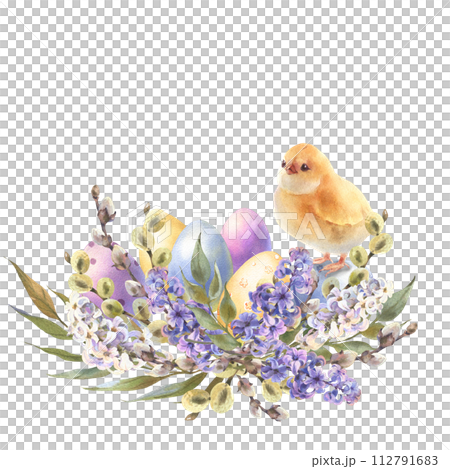 Happy Easter card, wreath with little chicks, color eggs, and spring twigs, Hand drawn watercolor illustration isolated on white background. Happy Easter card, wreath with little chicks, color eggs, and spring twigs, Hand drawn watercolor illustration isolated on white background. 112791683