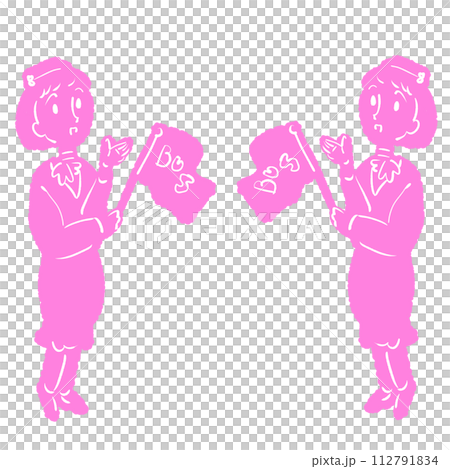Illustration of a bus guide holding a flag and guiding the way 112791834