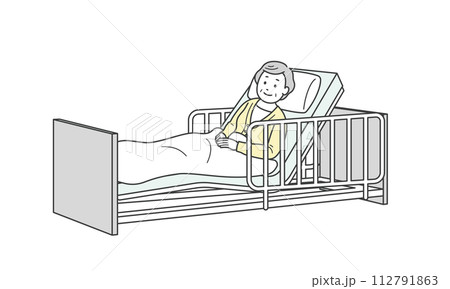 ベッドで横になる高齢女性と介護ベッドのイラスト ベッドで横になる高齢女性と介護ベッドのイラスト 112791863