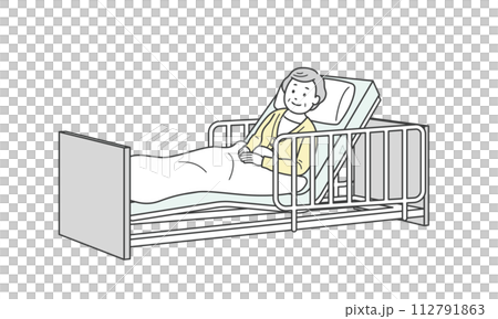 ベッドで横になる高齢女性と介護ベッドのイラスト ベッドで横になる高齢女性と介護ベッドのイラスト 112791863