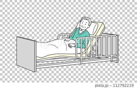 ベッドで横になる高齢男性と介護ベッドのイラスト 112792219