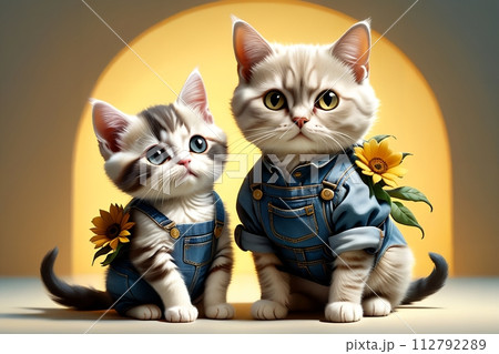 A beautiful young purebred kitten with flowers sits on a yellow background. 112792289