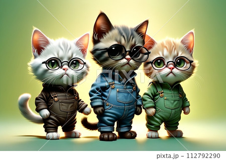 small three kittens with glasses isolated on a light green background. 112792290