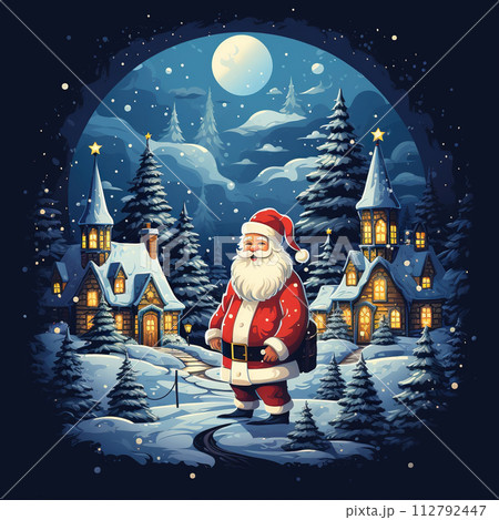 Santa Claus in the background of a winter night. Vector illustration. Generative AI 112792447