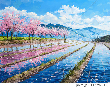 満開の桜と水田　日本の田舎風景　イラスト 112792618