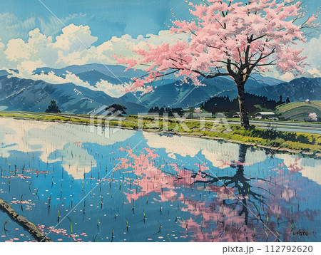満開の桜と水田　日本の田舎風景　イラスト 112792620
